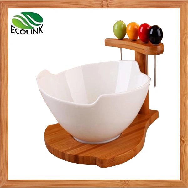 Ceramic Salad Bowl with Bamboo Stand and Fruit Fork