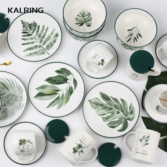 Kalring Bol en céramique Plantes vertes Design Couleur Taille du bord 15,2 cm Blanc mat Glaçure Extérieur Fond Intérieur Blanc brillant avec design pour un usage quotidien